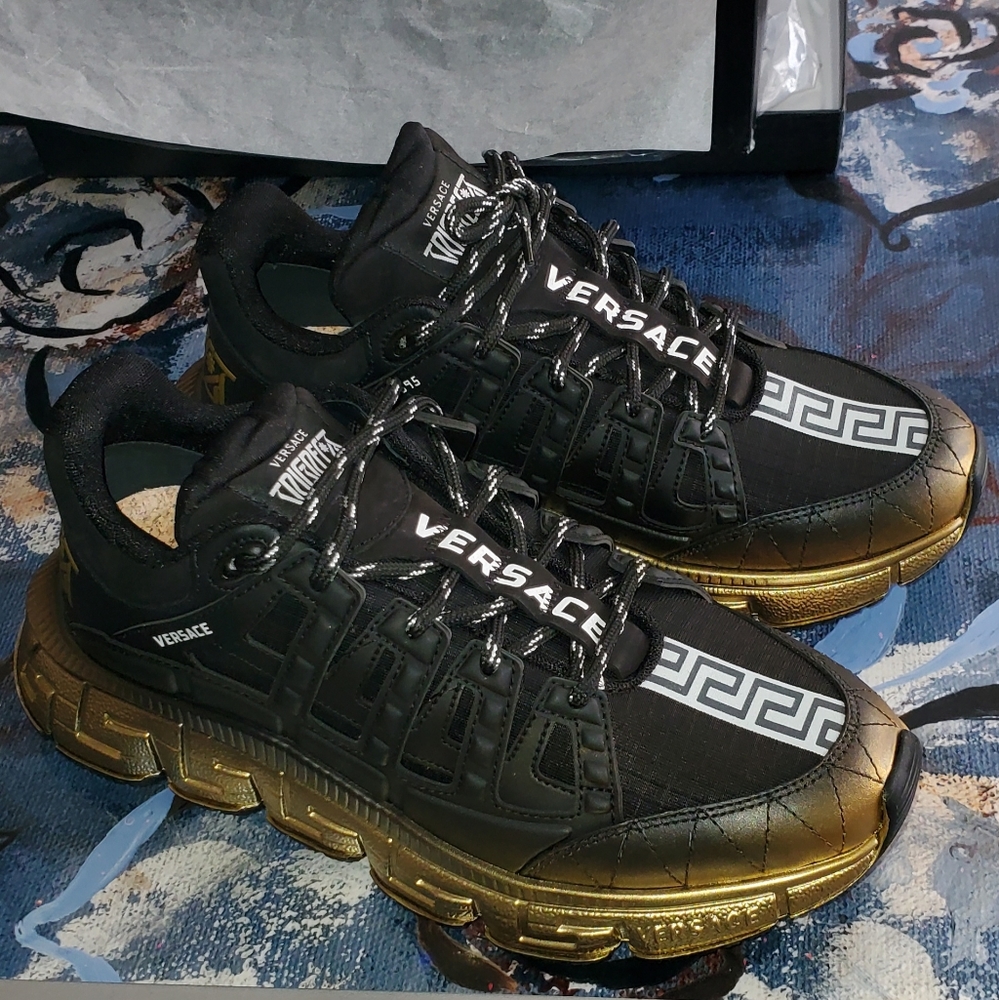 COPY - 2024 BRAND NEW VERSACE Trigreca Tessuti Black and Gold Sneakers SZ 42